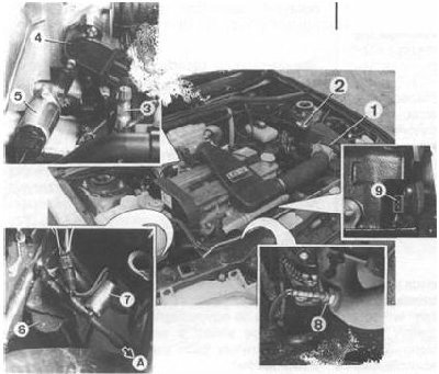 1-przepływomierz powietrza, 2-złącze korektora liczby oktanowej, 3-złącze do pomiaru ciśnienia paliwa, 4-czujnik położenia przepustnicy, 5-regulator prędkości obrotowej biegu jałowego, 6 -pochłaniacz par paliwa, 7-elektrozawór pochłaniacza, 8-sonda
<br />lambd