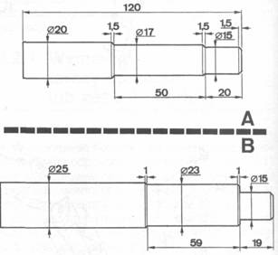 Rys. 4.5. Wymiary trzpienia do środkowania tarczy sprzęgła do silników benzynowych
<br />
<br />A&amp;#8212;do silników 8-zaworowych, B &amp;#8212; do silników 16-zaworowych